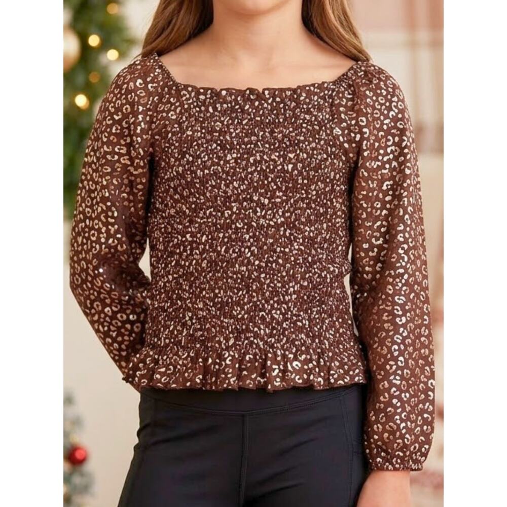 Girls Foil Leopard Top ERGE Designs Smocked NWT L